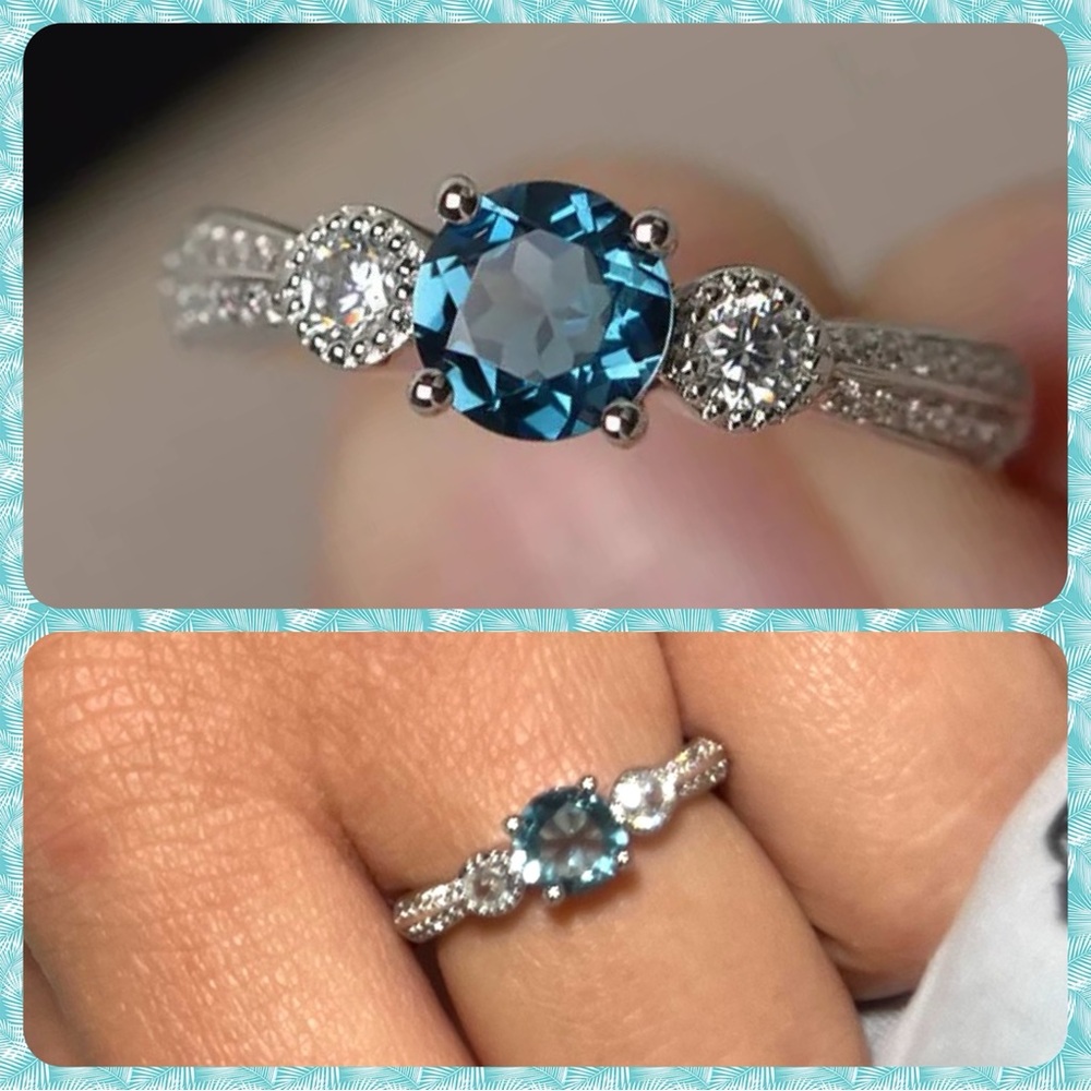 - 💙 Sterling Silver Brilliant Cut Teal Simulated Sapphire Ziron ring